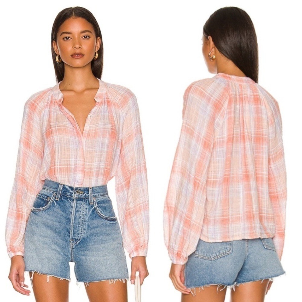 Bella Dahl Long Sleeve Shirred Raglan Shirt in Coral Plaid S NWT